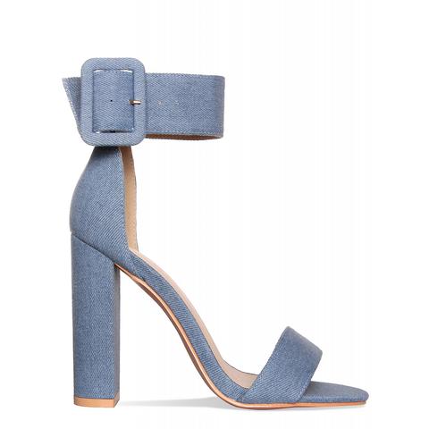 Heidi Denim Buckle Strap Block Heels