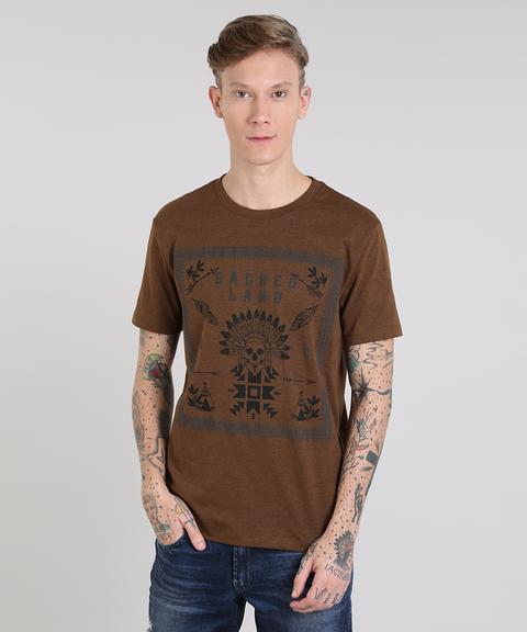 Camiseta Masculina "sacred Land" Manga Curta Gola Careca Marrom