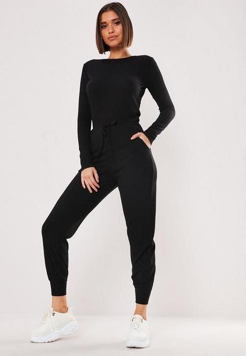 Black Rib Long Sleeve Tie Waist Jogger Jumpsuit, Black