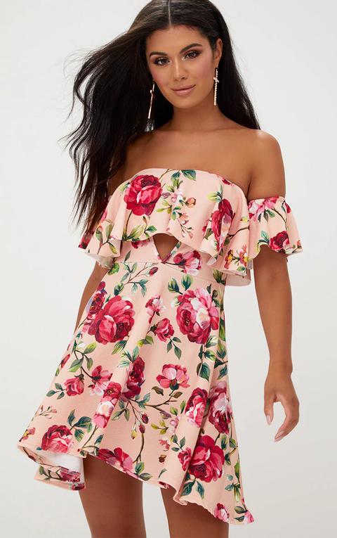 Pink Floral Bardot Cut Out Swing Dress, Pink