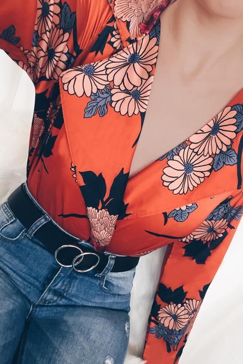 Orange Floral Front Plunge Shirt Bodysuit