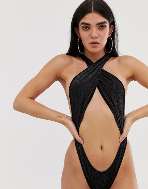 Asos Design Cross Neck Swimsuit In Black Glitter