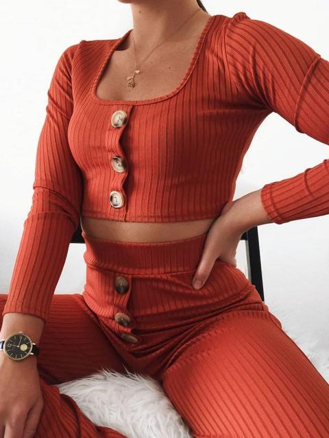 Anella Button Front Ribbed Co-ord In Rust