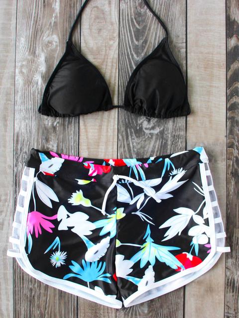 Set Bikini Halter Triángulo Con Estampado De Flor - Negro