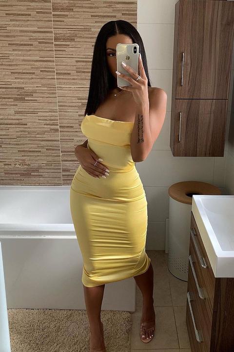 Yellow Satin Cowl Neck Midi Dress - Liliana