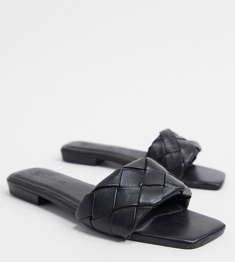 Asos Design Wide Fit Fazed Leather Quilted Flat Sandals In Black