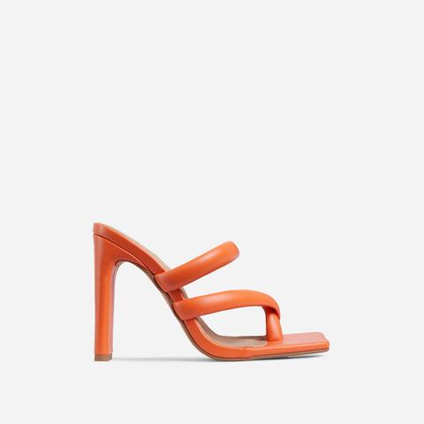 Fuji Square Toe Padded Strappy Think Block Heel Mule In Orange Faux Leather, Orange