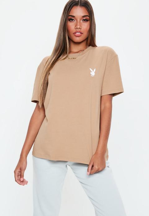 Playboy X Missguided Tan Oversized T Shirt, Tan