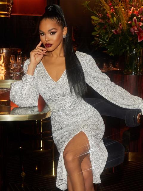 Long Sleeve V Neck Sequin Midi Dress In Silver