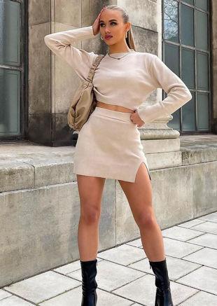 Knitted High Neck Long Sleeve Cropped Top And Mini Skirt Co Ord Set Beige