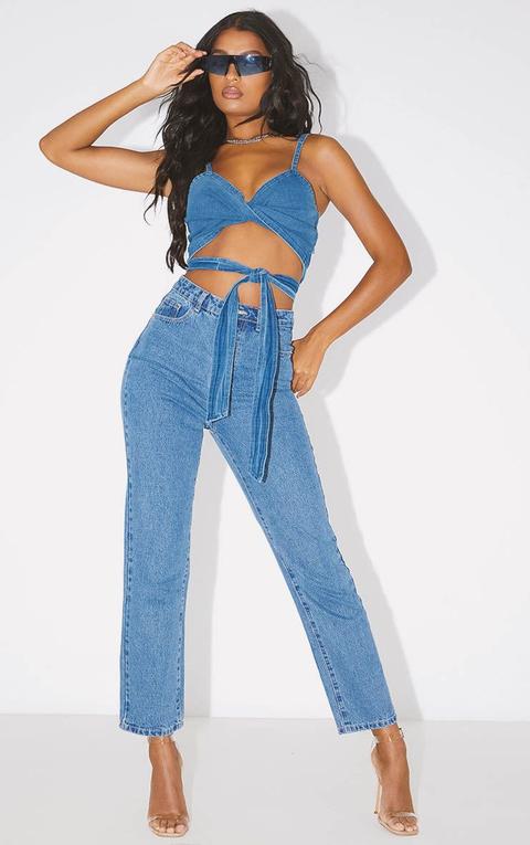 Prettylittlething Mid Blue Straight Leg Jean