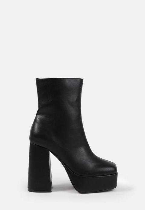 Black Faux Leather Platform Ankle Boots, Black