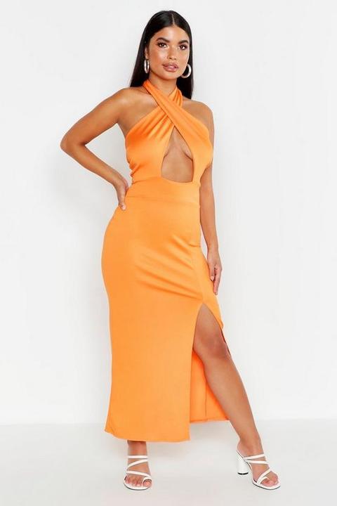 Womens Petite Twist Halter Neck Split Maxi Dress - Orange - 14, Orange