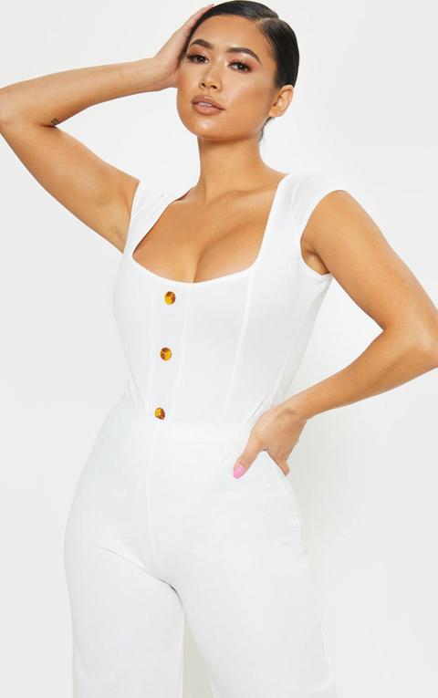 Petite White Button Front Short Sleeve Bodysuit, White