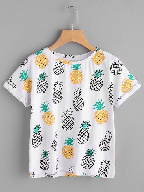 Allover Pineapple Print Roll Cuff T-shirt