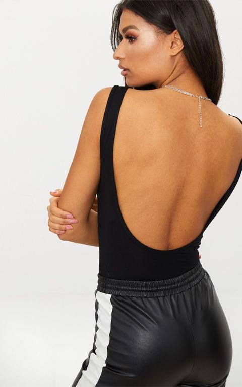 Black Scoop Neck Low Back Jersey Thong Bodysuit, Black