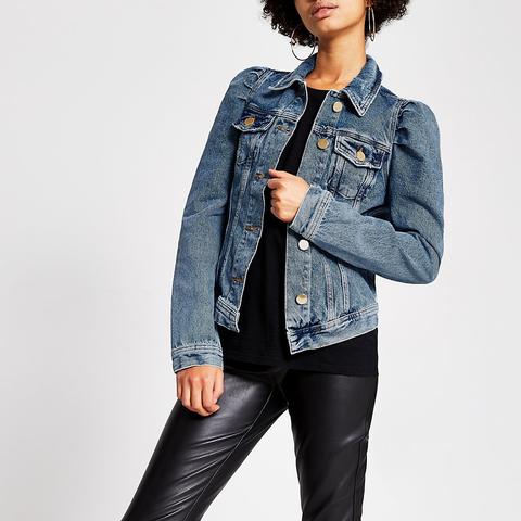 Mid Blue Puff Shoulder Denim Jacket