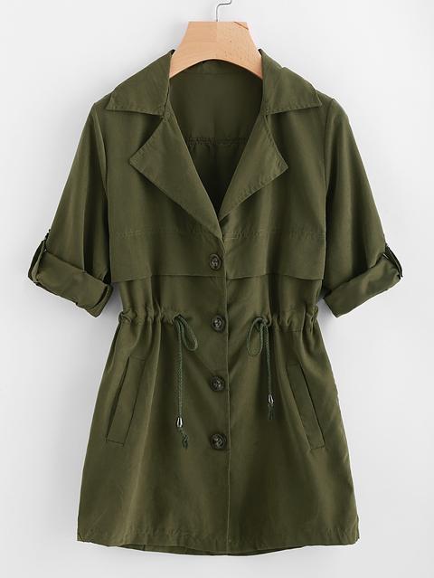 Rolled Sleeve Drawstring Waist Trench Coat