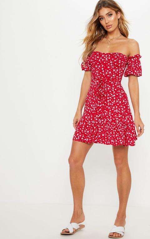 Red Ditsy Print Bardot Frill Hem Skater Dress, Red