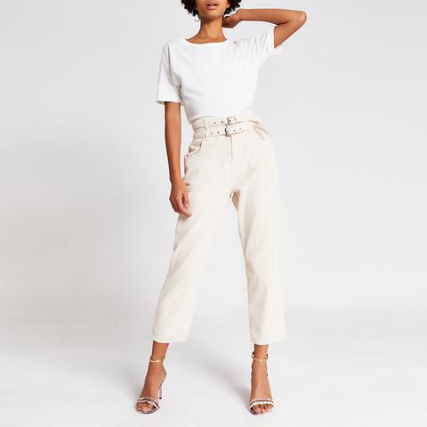 Cream Corduroy Tapered Belted Trousers