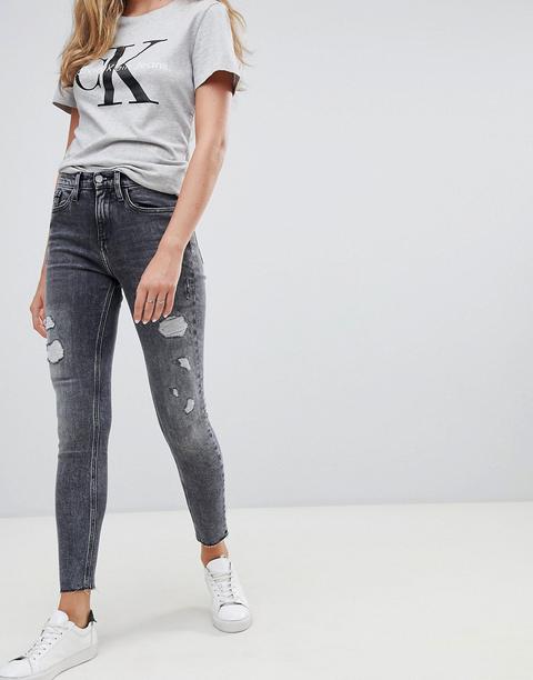Calvin Klein - Jeans Skinny A Vita Alta Con Strappi - Grigio