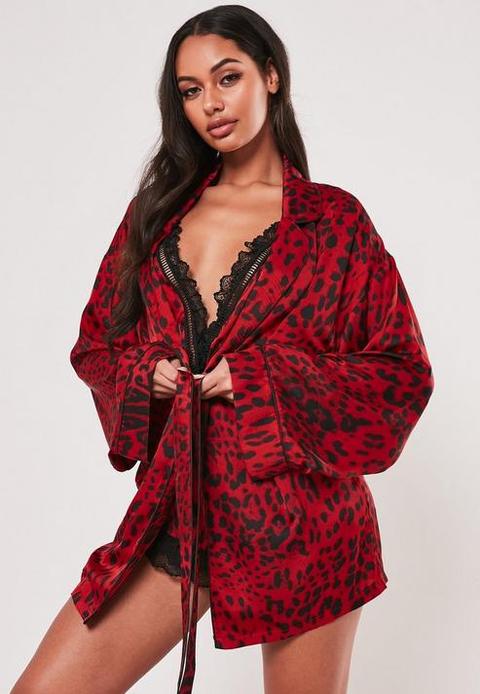 Red Leopard Satin Piping Detail Dressing Gown, Red