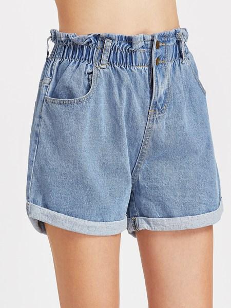 Blu Elastico In Vita Arricciato Rolled Hem Denim Shorts