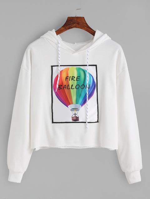 White Fire Balloon Print Drop Shoulder Hooded Sweatshirt