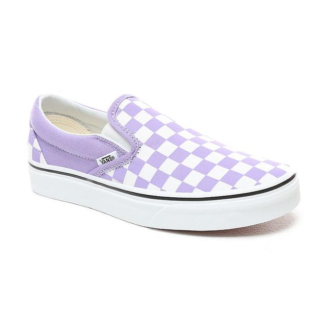lilac checkerboard slip on vans