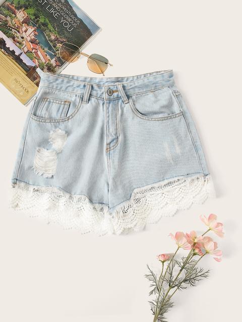 Shorts In Denim Con Orlo Guipure Strappato