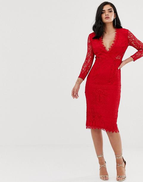 Vestido De Tubo Midi De Manga Larga Con Encaje De Asos-rojo