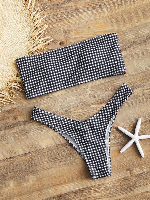 Bikini A Fascia A Quadri Con Taglio Alto White And Black Yellow Red