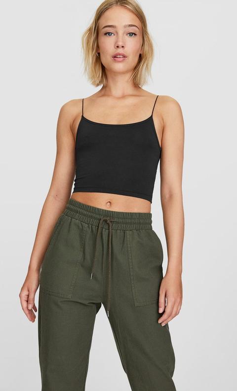 Maglietta Cropped Elasticizzata Con Bretelle Nero