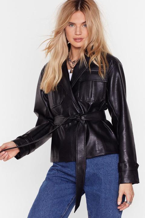 Womens Faux Leather Belted Jacket