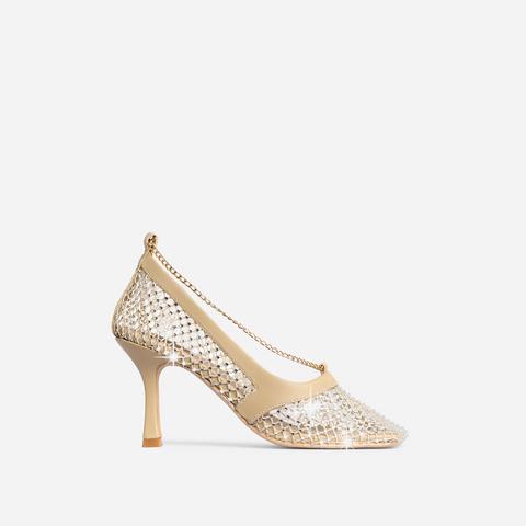 Clove Chain Detail Square Toe Diamante Fishnet Court Kitten Heel In Nude Faux Leather