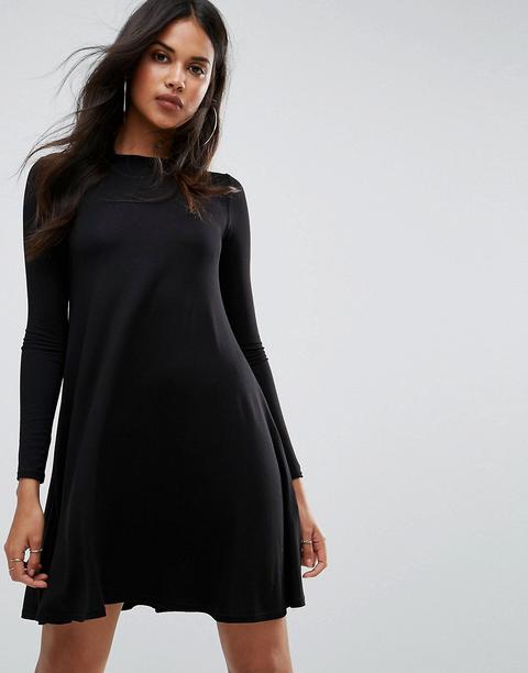 Boohoo - Vestito Scampanato A Maniche Lunghe Con Scollo Rotondo - Nero