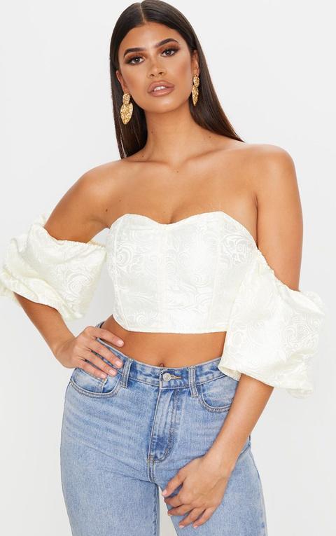 Cream Satin Paisley Puff Sleeve Bardot Crop Top