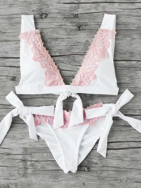 Contrast Lace Detail Bow Tie Bikini Set