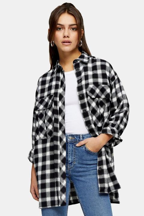 Petite Black And White Casual Oversized Check Shirt