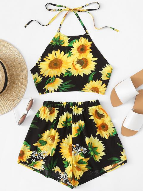 Sunflower Print Halter Top With Shorts