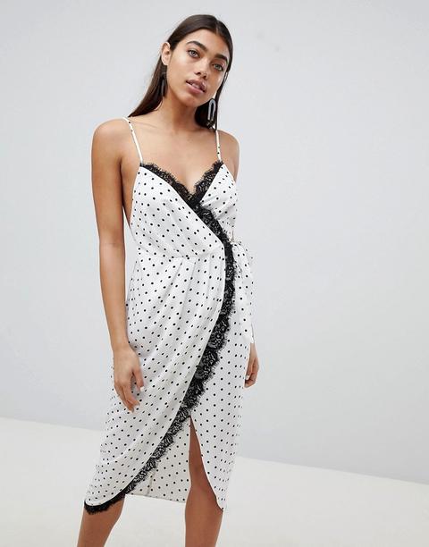 Vestido Midi Cruzado Estilo Lencero Con Diseño De Lunares En Satén De Asos Design-blanco