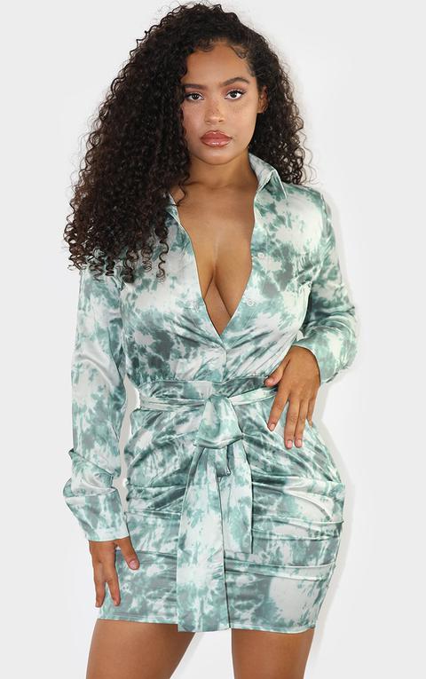 Robe Chemise Satinée Très Froncée Kaki À Imprime Tie & Dye, Kaki