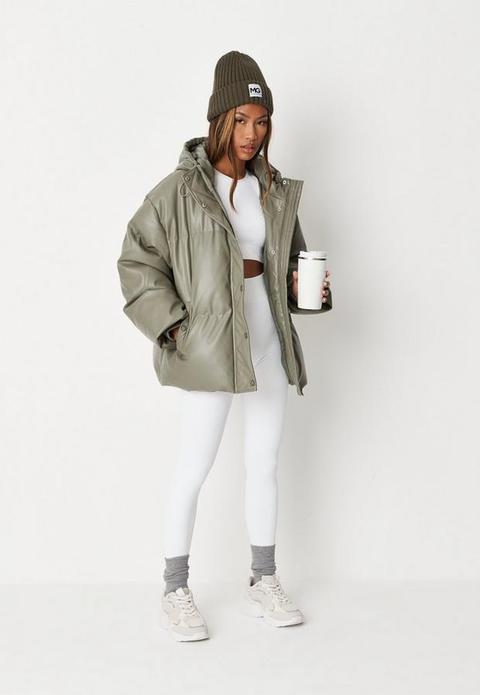 Khaki Faux Leather Hooded Puffer Jacket, Kahki