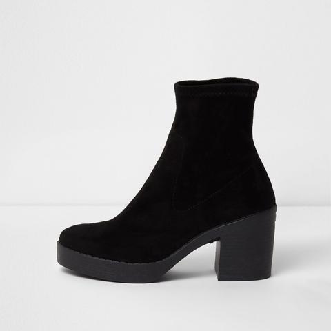 Black Chunky Block Heel Sock Boots