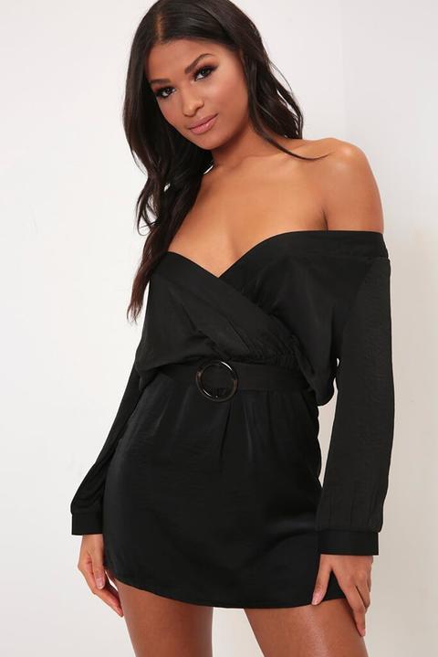 Black Off The Shoulder Tortiseshell Shirt Dress