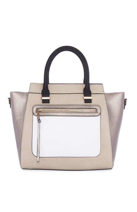 Bolso Tote Color Crema Con Cremallera