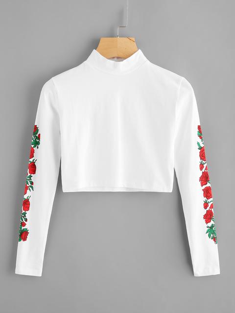 Rose Print Sleeve Crop T-shirt