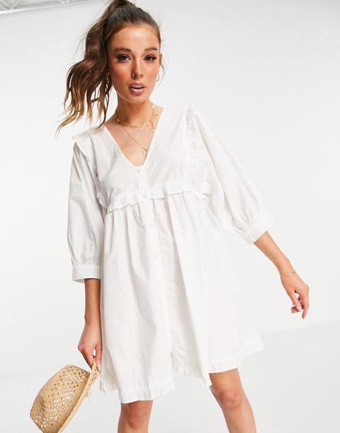 Asos Design Frill V Neck Cotton Button Through Mini Smock Dress In White