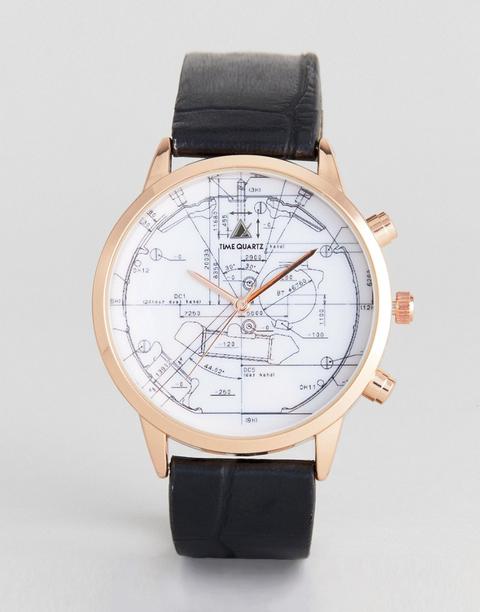 Asos - Orologio Nero E Oro Rosa Con Disegno Tecnico - Nero