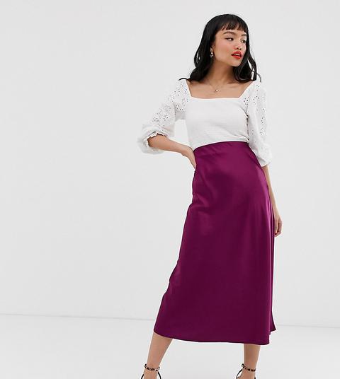 New Look Petite Satin Midi Skirt In Burgundy-red